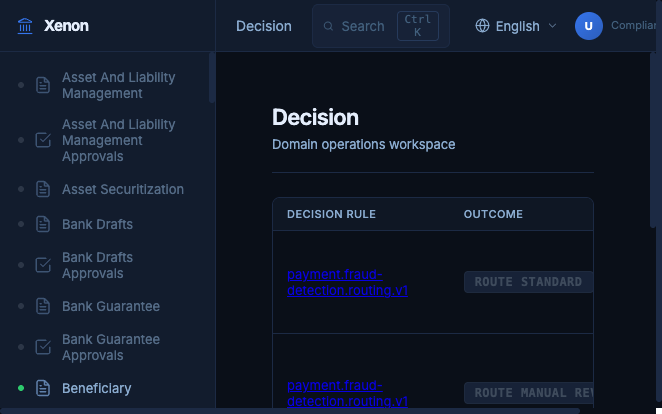 Decision audit trail listing evaluated decisions with outcome and risk band