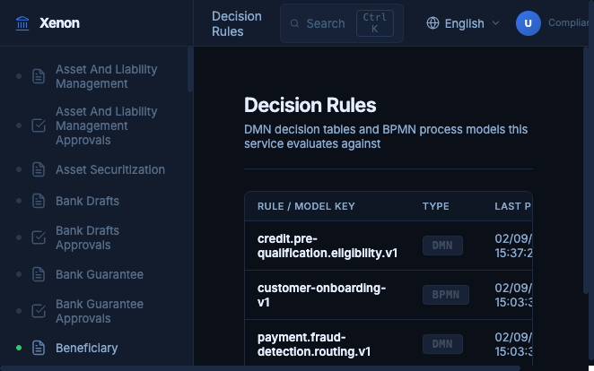 Decision Rules list page showing deployed DMN and BPMN artifacts