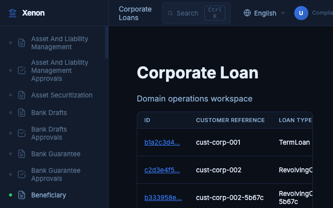 Corporate Loan domain list page in English